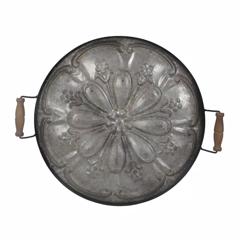 A & B Home Ravello Round Antique Silver Metal Tray with Wood Handles