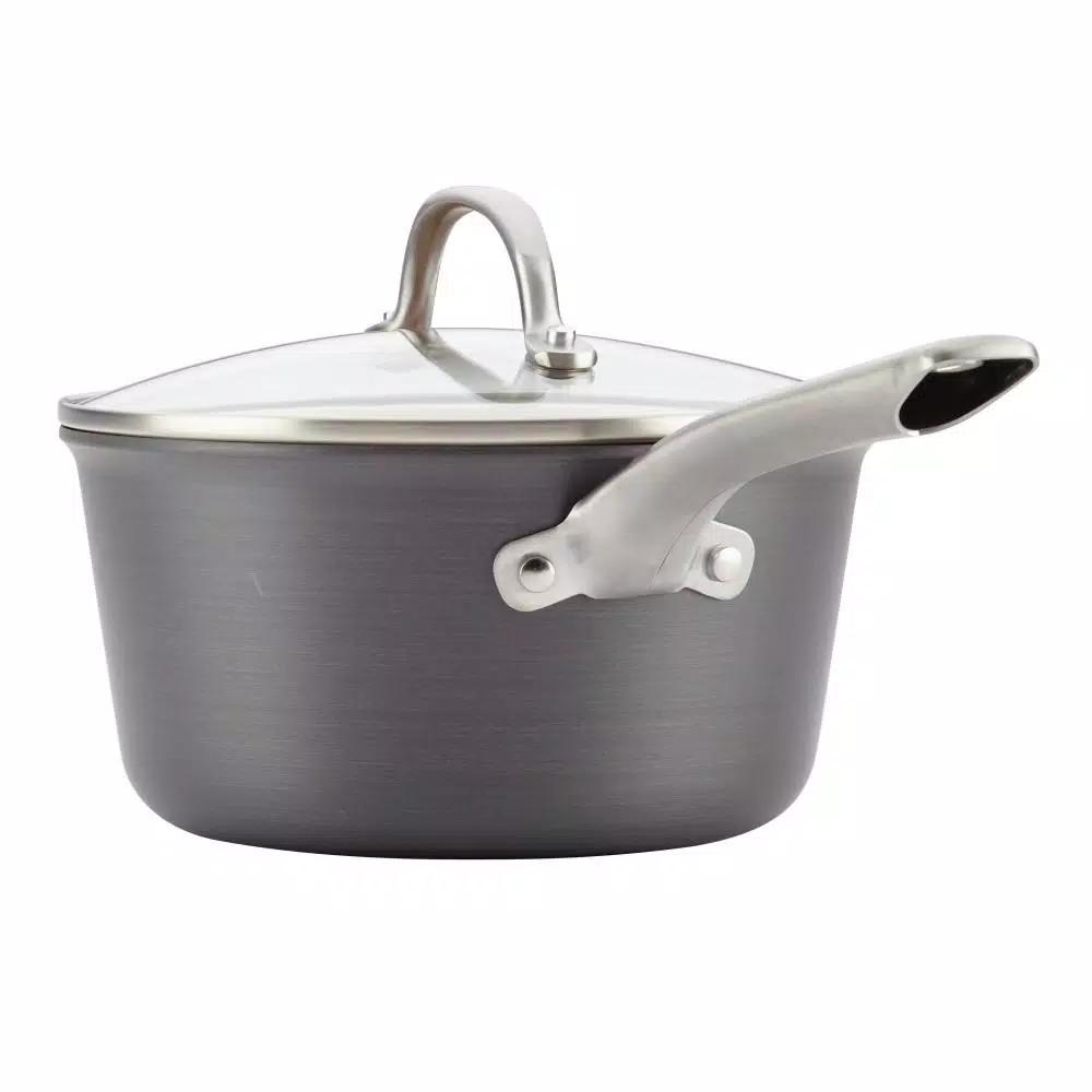 Ayesha Curry Home Collection 3 Qt. Hard-Anodized Aluminum Nonstick Saucepan with Glass Lid, Charcoal Gray