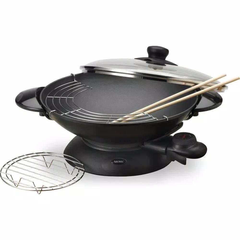 AROMA 5 Qt. Electric Wok with Non-Stick Cast Metal Bowl and Glass Lid