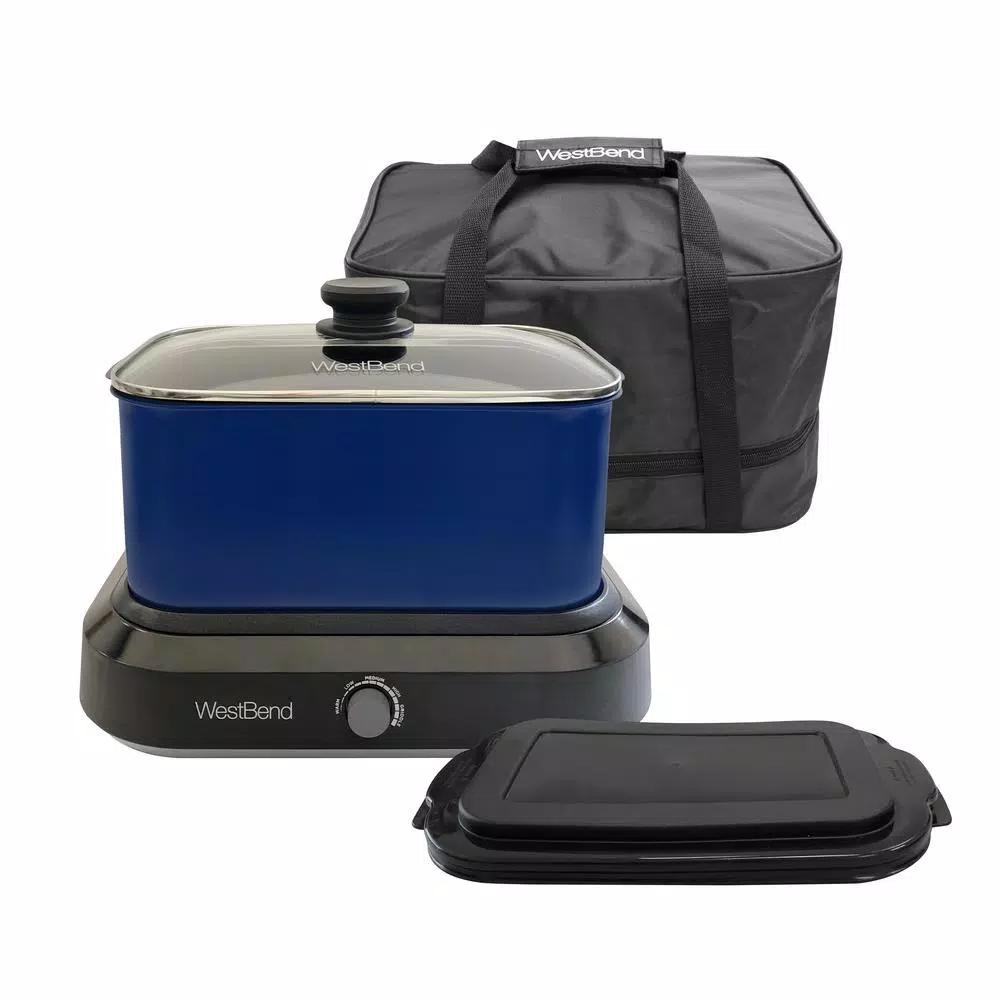 West Bend 6 Qt. Blue Non-Stick Versatility Slow Cooker with Griddle Base, Travel Lid, and Thermal Tote