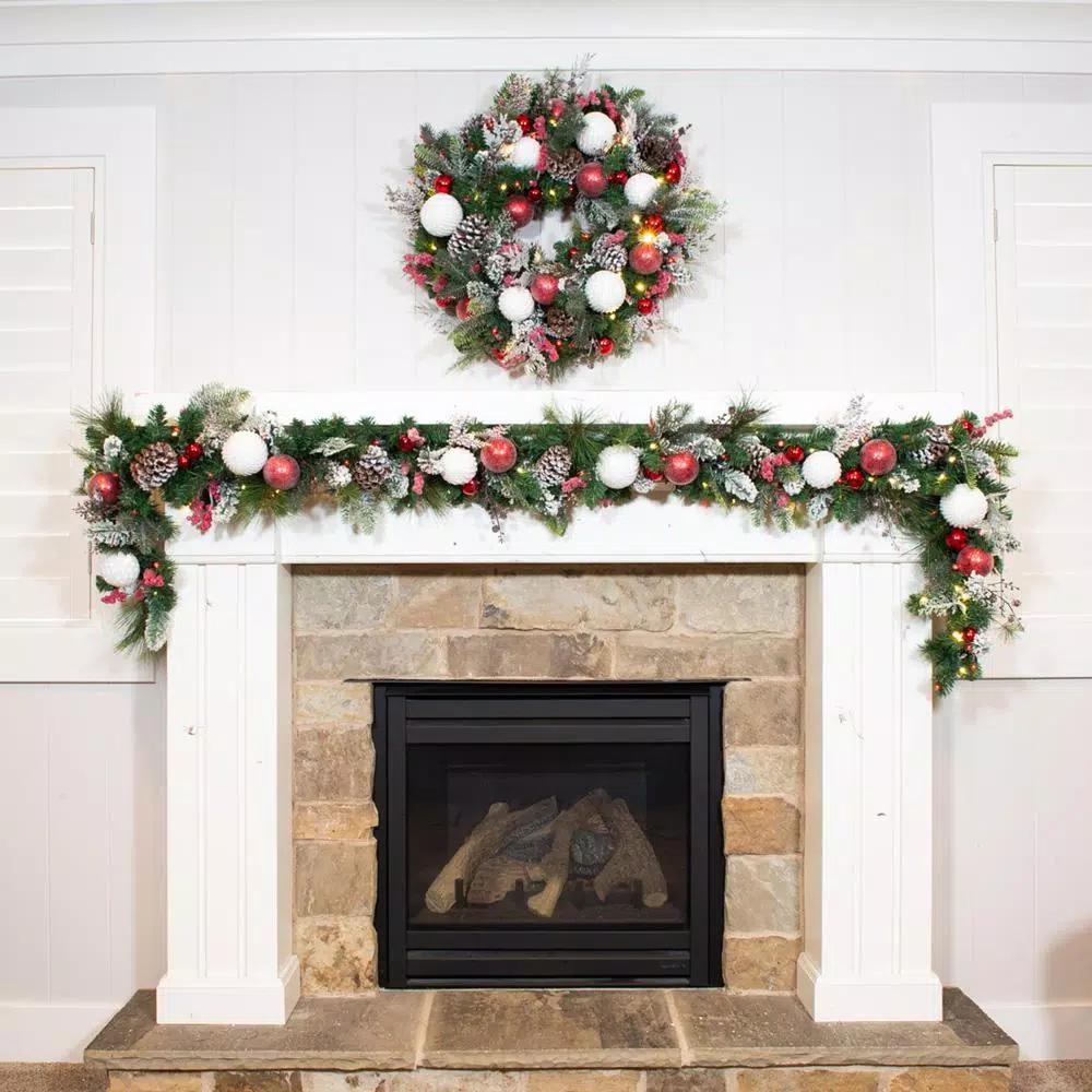Village Lighting Company 30 in. Frosted Wonderland Pre-Lit LED Christmas Wreath - Red and White Candycane Design