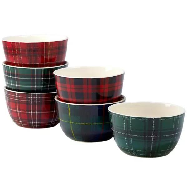 Certified International Christmas Plaid Ceramic Dessert Bowls, 5.5 in. (Set of 6)