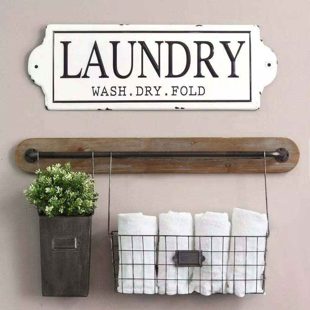 HomeRoots Wash Dry Fold Metal Laundry Room Wall Décor - Farmhouse Style Sign