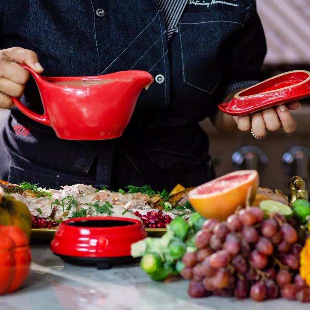 Ovente 16 oz. Red Electric Gravy Warmer with Detachable Ceramic Boat
