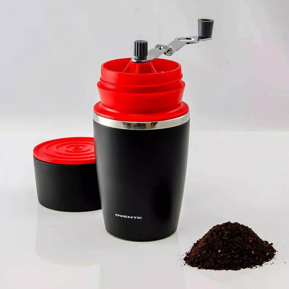 Ovente 2-in-1 Single Serve Coffee Grinder and French Press Maker with Insulated Cup, Red