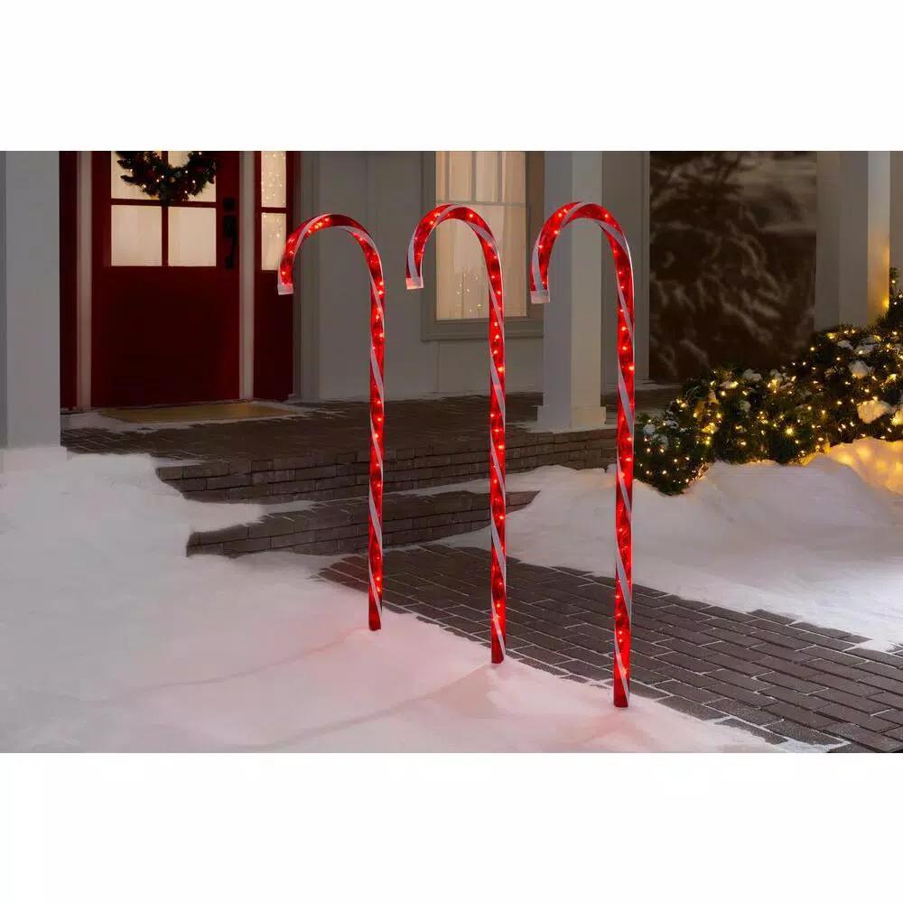 Home Accents Holiday 4 ft. Lighted Candy Cane Pathway Stakes, Set of 3, Red and White Incandescent Lights