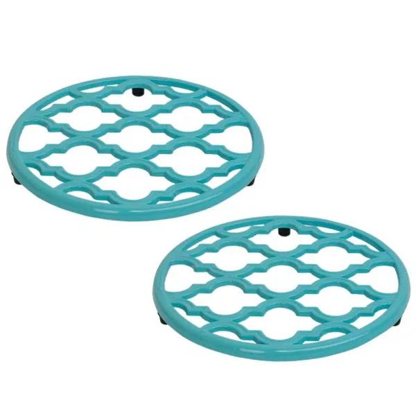 Home Basics Lattice Cast Iron Turquoise Trivet Set of 2 - Heat Resistant Decorative Hot Mats