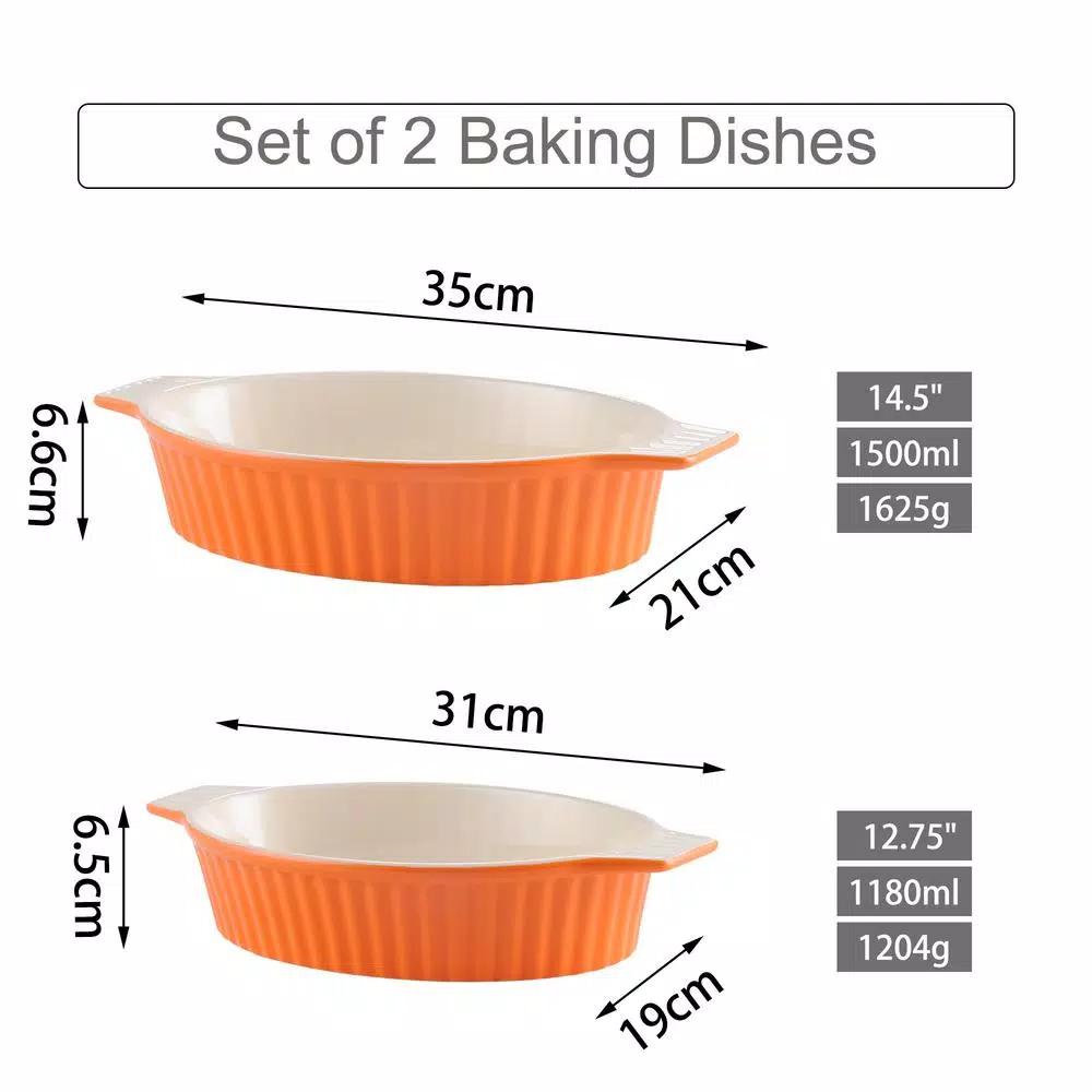 MALACASA 2-Piece Orange Oval Porcelain Bakeware Set, 12.75 in. and 14.5 in. Ceramic Baking Pans
