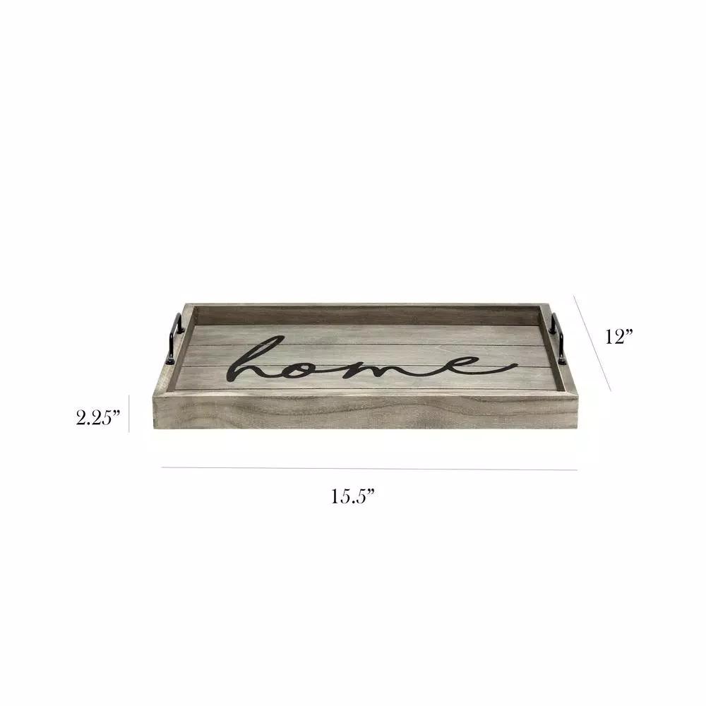 Elegant Designs Rustic Gray Wooden Decorative Serving Tray with Black Metal Handles