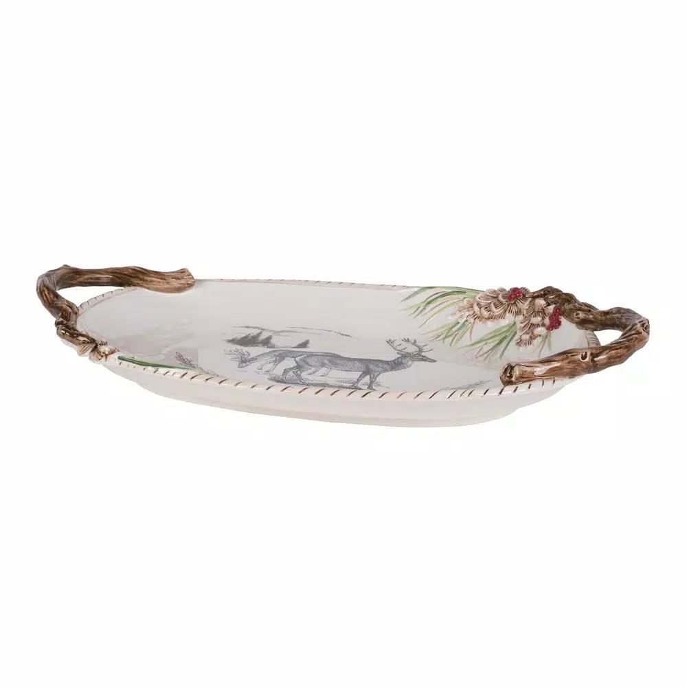 FITZ and FLOYD 20 in. Forest Frost Holiday Platter - Oval Earthenware Christmas Serving Platter