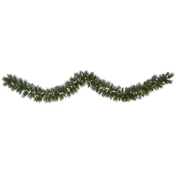 Nearly Natural 9 ft. Pre-lit Frosted Swiss Pine Artificial Garland with 50 LED Lights and Berries
