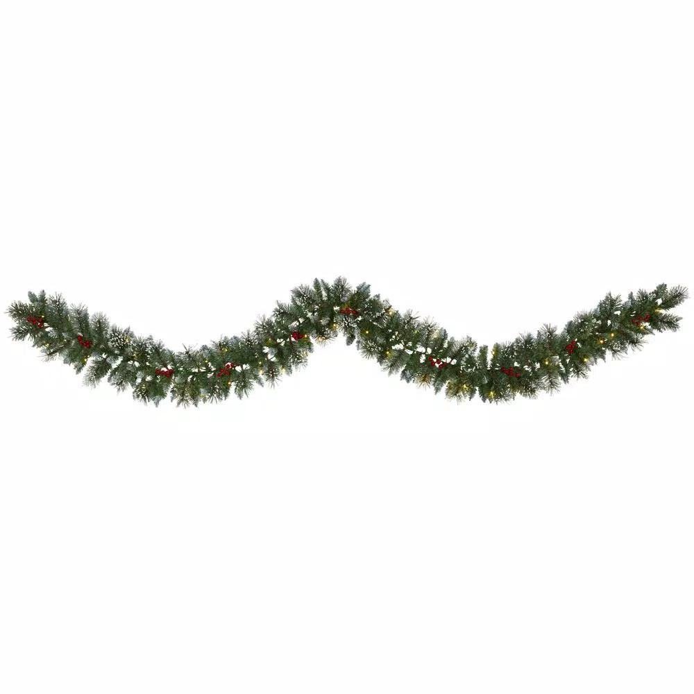 Nearly Natural 9 ft. Pre-lit Frosted Swiss Pine Artificial Garland with 50 LED Lights and Berries