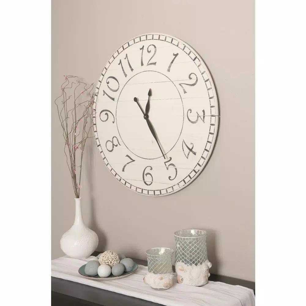 BrandtWorks 36 in. Oversized Antique White Farmhouse Wall Clock with Wood Slat Construction