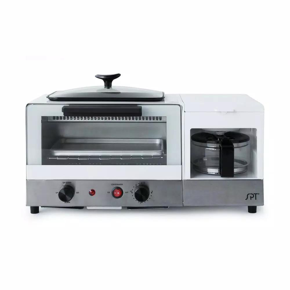 SPT 3-in-1 Breakfast Center 1450W Toaster Oven, Coffee Maker, and Griddle - White and Stainless Steel