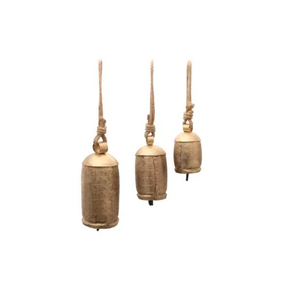 Benzara Gold 3-Piece Metal Animal Harmony Bell Set with Floral Embossed Design and Hanging Rope