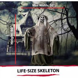 Haunted Hill Farm 5 ft. Animatronic Moaning Skeleton Halloween Prop with Green Cloak thumbnail 5