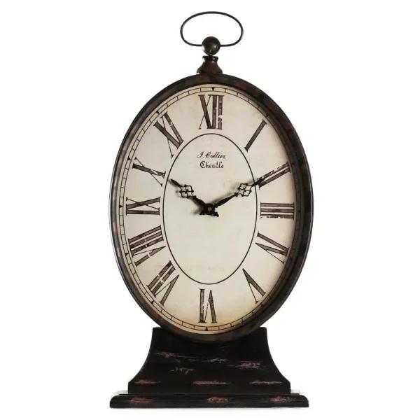 Zentique Antique Black Oval Iron Table Clock with Pedestal Base and Top Ring