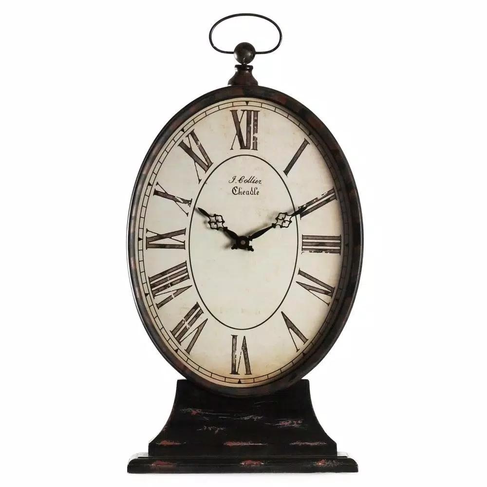 Zentique Antique Black Oval Iron Table Clock with Pedestal Base and Top Ring