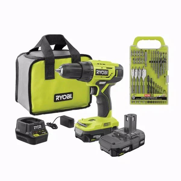 RYOBI 18V ONE+ 1/2 in. Cordless Drill Driver Kit with (2) 1.5 Ah Batteries, Charger, Bag, and 31-Piece Bit Set