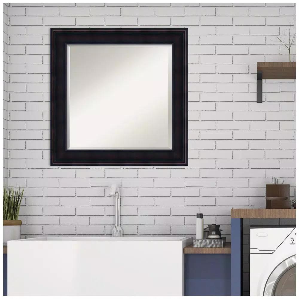 Amanti Art 25 in. Square Beveled Edge Wood Framed Bathroom Vanity Mirror, Dark Brown Mahogany