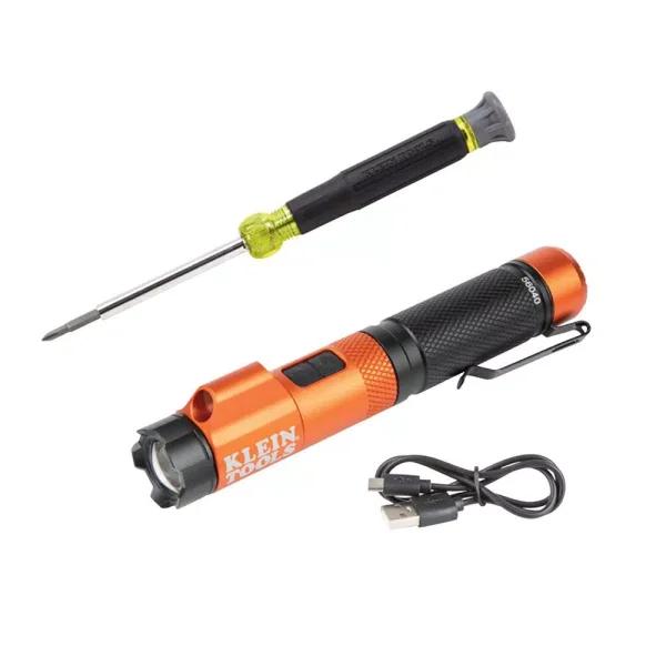 Klein Tools Precision Electronics Screwdriver and Rechargeable Focus Flashlight with Laser Set