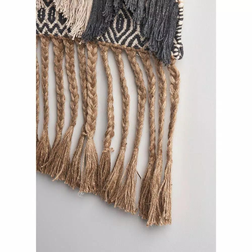 LR Home Trellis Beige and Charcoal Geometric Braided Fringed Wall Tapestry