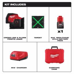 Milwaukee M12 Green Cross Line and Plumb Points Laser Level Kit with 3.0 Ah Battery thumbnail 3