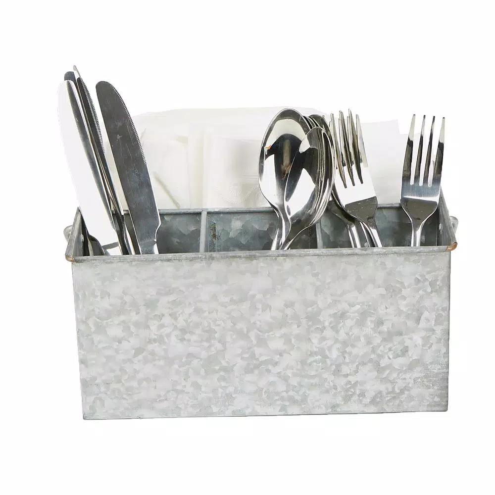 Mind Reader Silver Galvanized Steel Utensil Caddy - 3 Compartment Flatware & Condiment Organizer