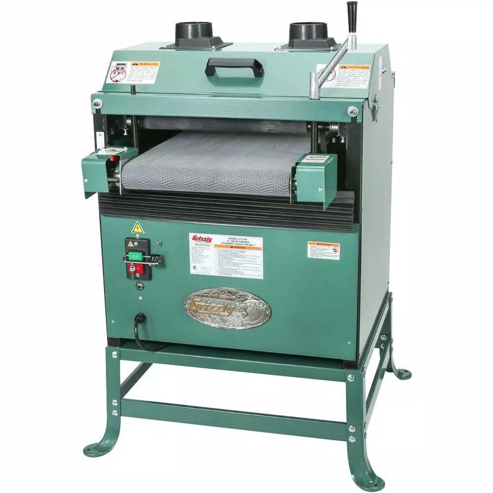 Grizzly Industrial 16 in. 2 HP Drum Sander with Rubber Conveyor Belt and Heavy-Duty Steel Cabinet