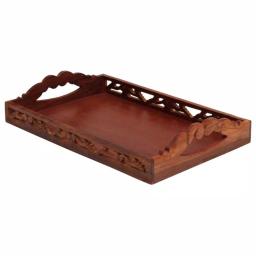 Benzara Carved Brown Wooden Serving Tray with Intricate Cutout Handles thumbnail 2
