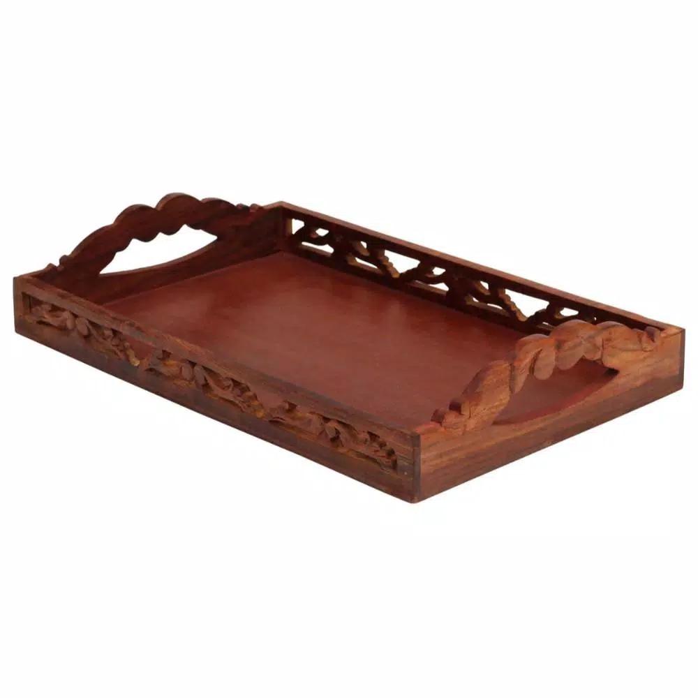 Benzara Carved Brown Wooden Serving Tray with Intricate Cutout Handles