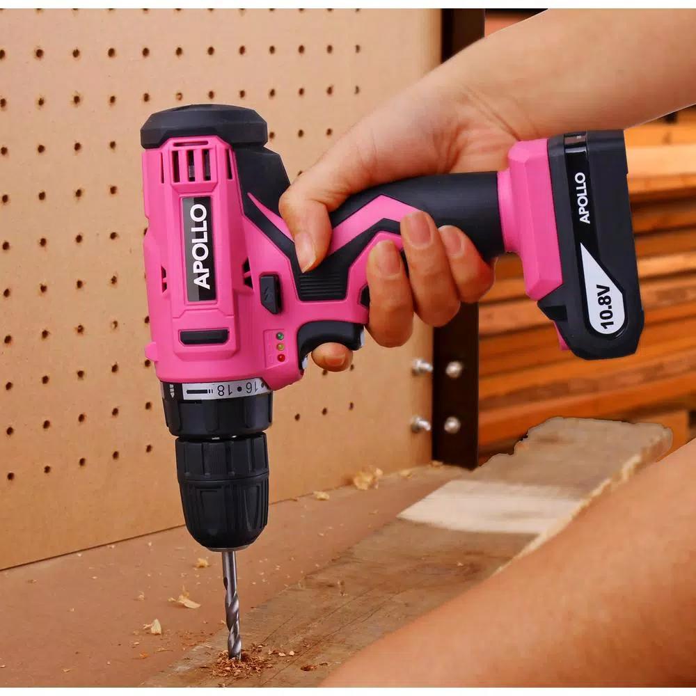 Apollo 10.8V Cordless Drill Driver Kit with 30-Piece Accessory Set, Pink