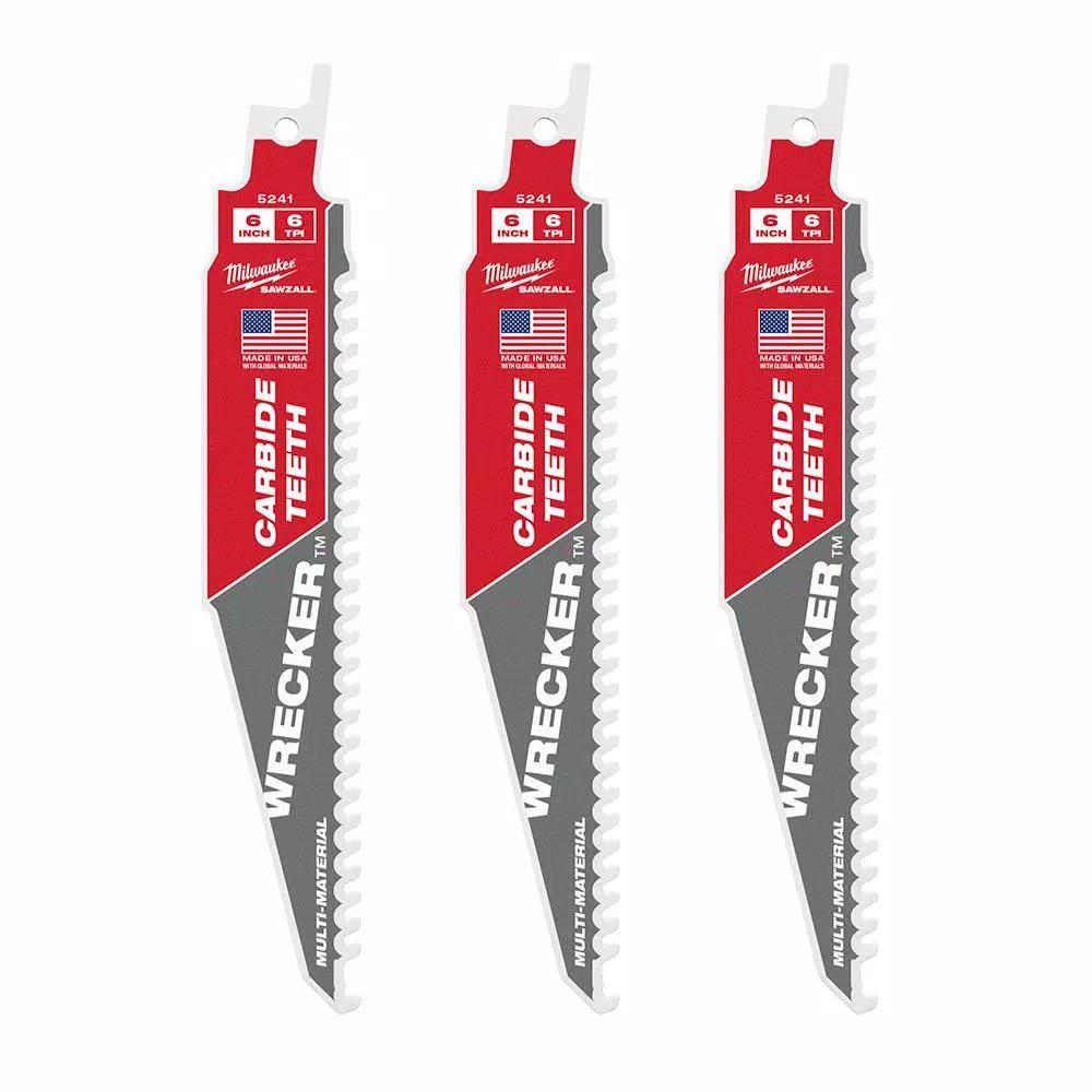 Milwaukee WRECKER 6 in. 6 TPI Carbide Teeth Multi-Material Reciprocating Saw Blade (3-Pack)
