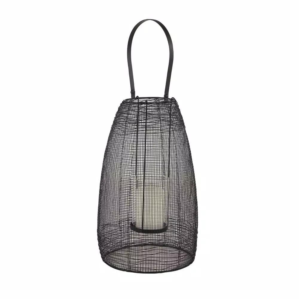 LITTON LANE Large Black Metal Mesh Lantern Candle Holder with Suspended Hurricane Glass