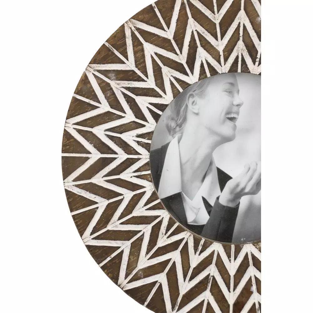 LITTON LANE 9 in. Round Carved Wood Picture Frame with Chevron Pattern, White and Natural