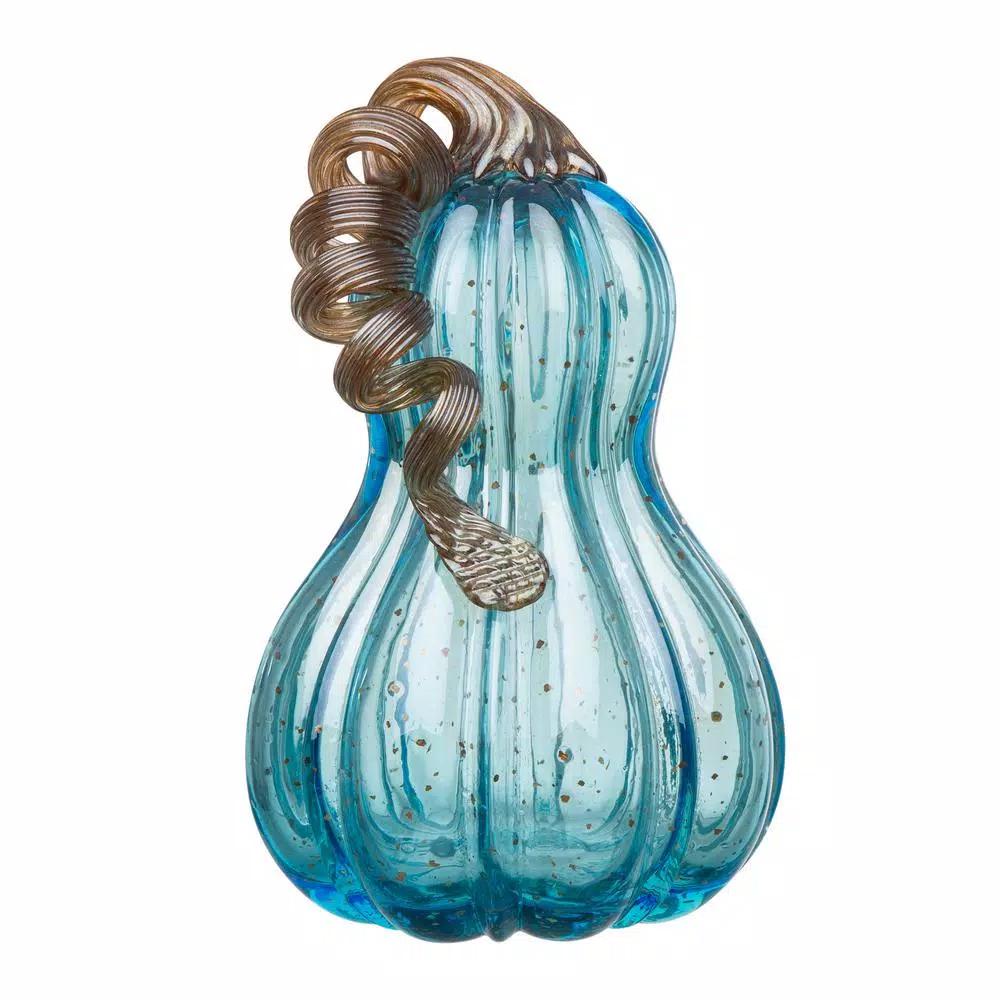 Glitzhome Set of 3 Blue Hand-Blown Glass Pumpkins - Decorative Tabletop Autumn Ornament