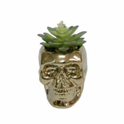 Flora Bunda 5.1 in. Metallic Gold Ceramic Sugar Skull Artificial Succulent Planter thumbnail 1