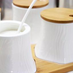 Elama Ceramic Condiment Jar Set with Bamboo Lids, Serving Spoons, and Tray - 13 Piece White Set thumbnail 2