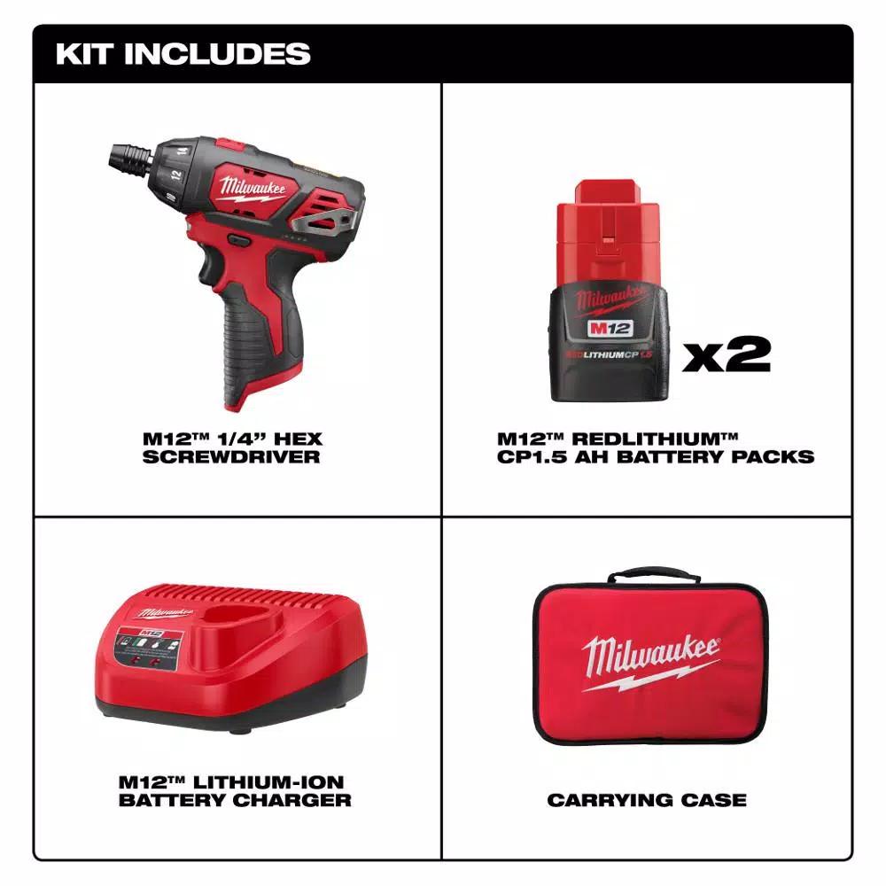 Milwaukee M12 12V Lithium-Ion Cordless 1/4 in. Hex Screwdriver Kit with 45-Piece SHOCKWAVE Bit Set
