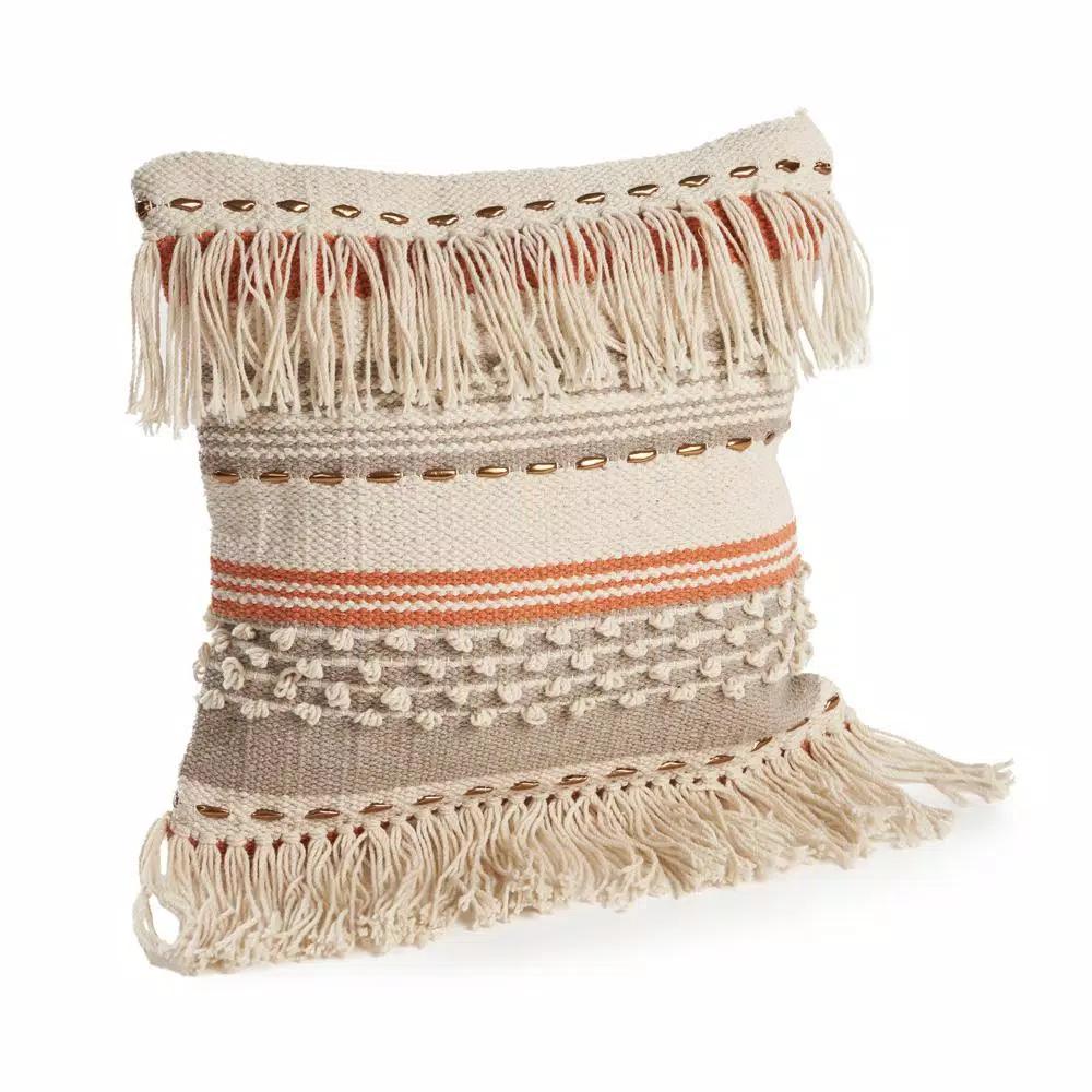 LR Resources Chic Beige Striped Fringe Throw Pillow - 18 x 18 in. Cotton Cover Hypoallergenic Polyester Fill