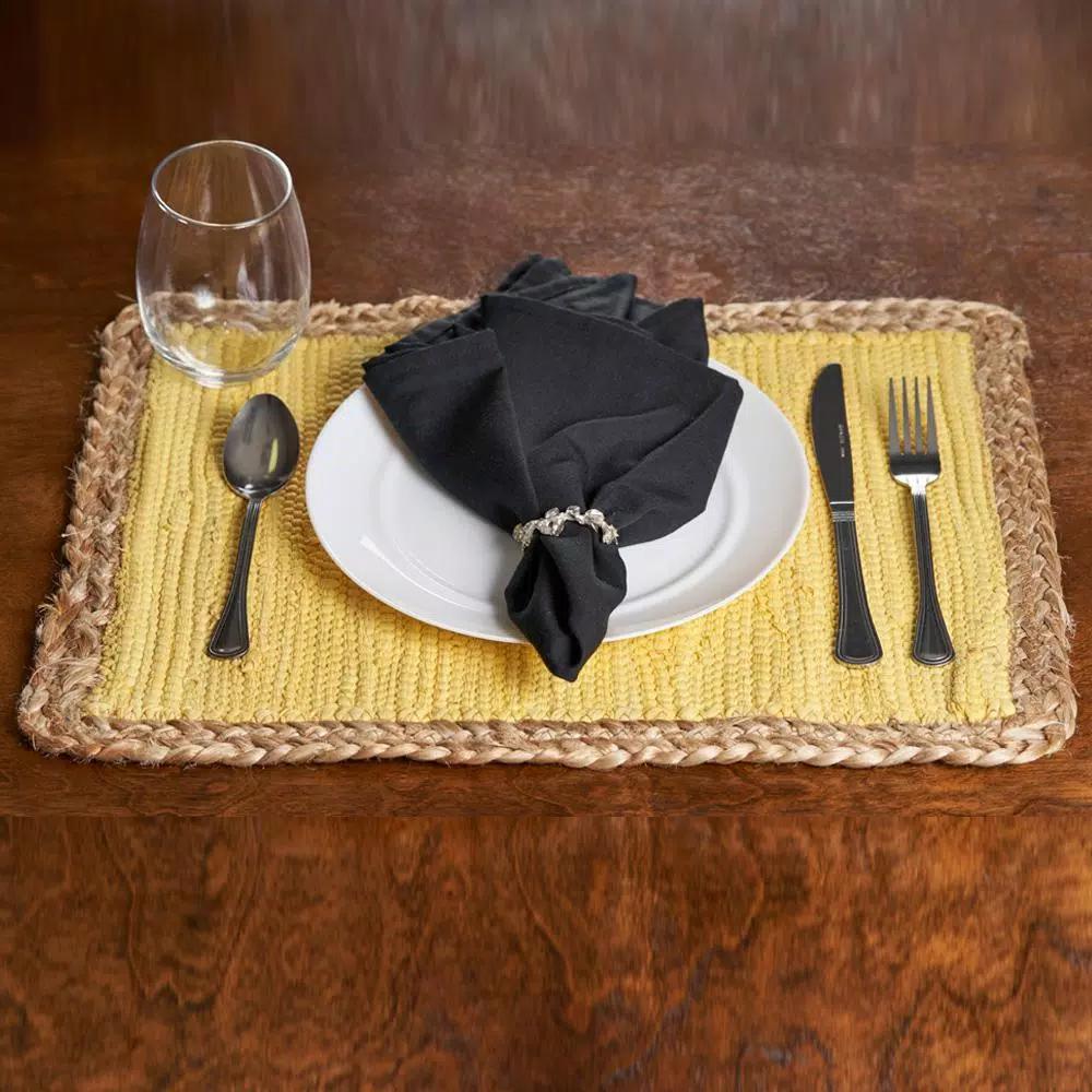 LR Home Sunny Day Yellow Jute Bordered Cotton Placemats, Set of 4