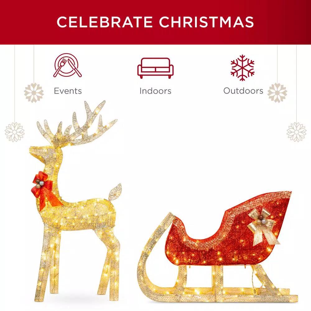 Best Choice Products 48 in. LED Reindeer and Sleigh Christmas Yard Decor Set with Warm White Lights