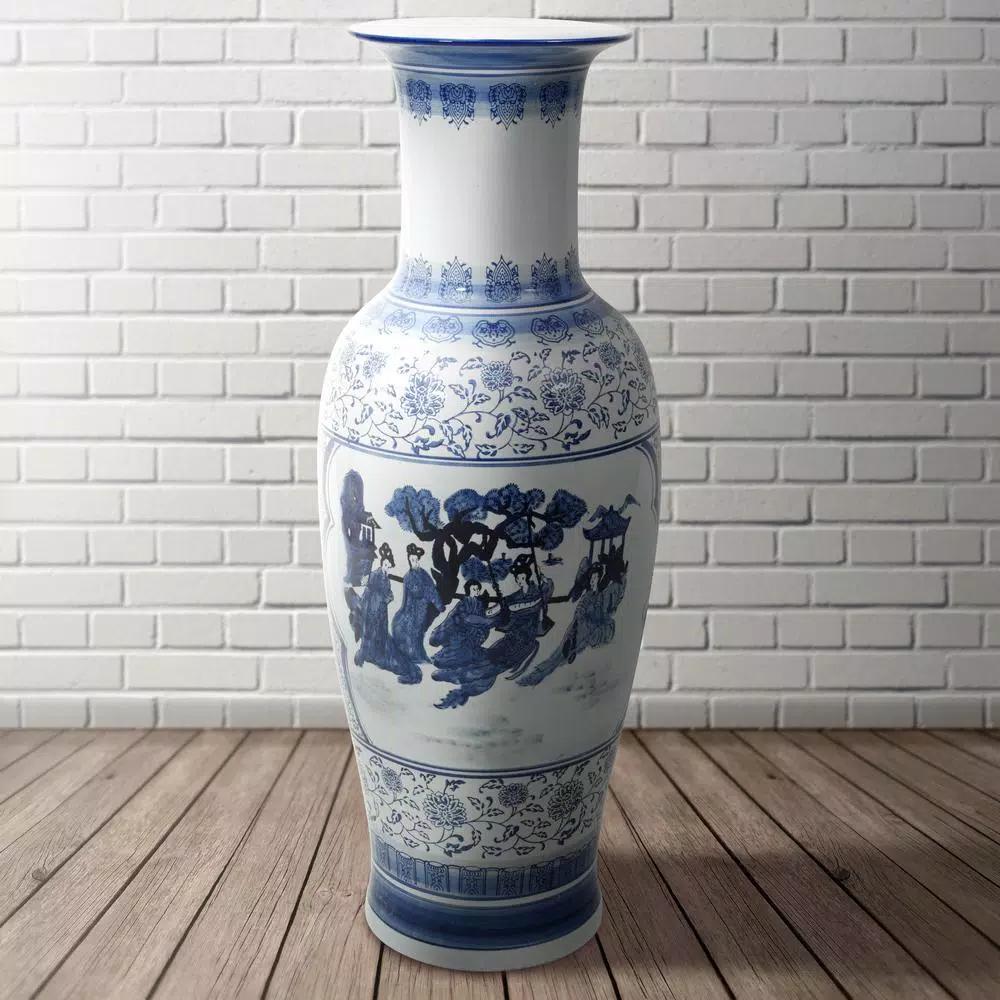 Unbranded Oriental Furniture 35 in. Blue and White Porcelain Tung Chi Floor Vase