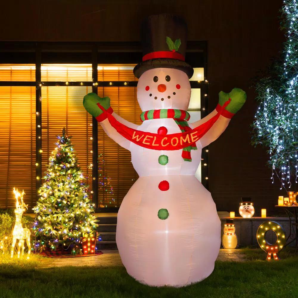 Glitzhome 12 ft. Lighted Inflatable Snowman with Welcome Decor, Large Outdoor Christmas Decoration