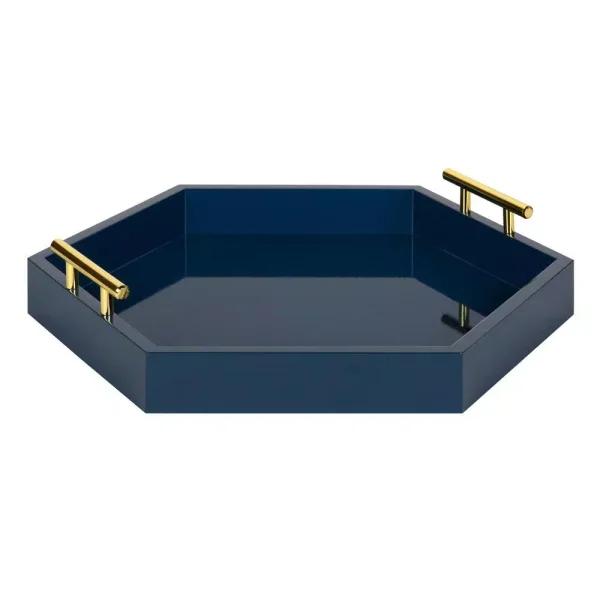 Kate and Laurel Lipton 18 in. Navy Blue Hexagon Decorative Tray with Polished Metal Handles