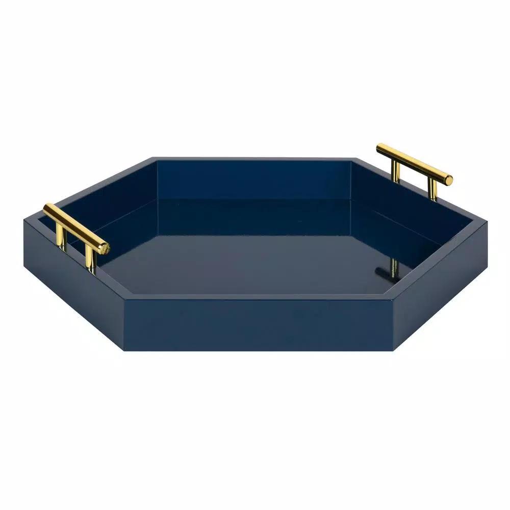 Kate and Laurel Lipton 18 in. Navy Blue Hexagon Decorative Tray with Polished Metal Handles