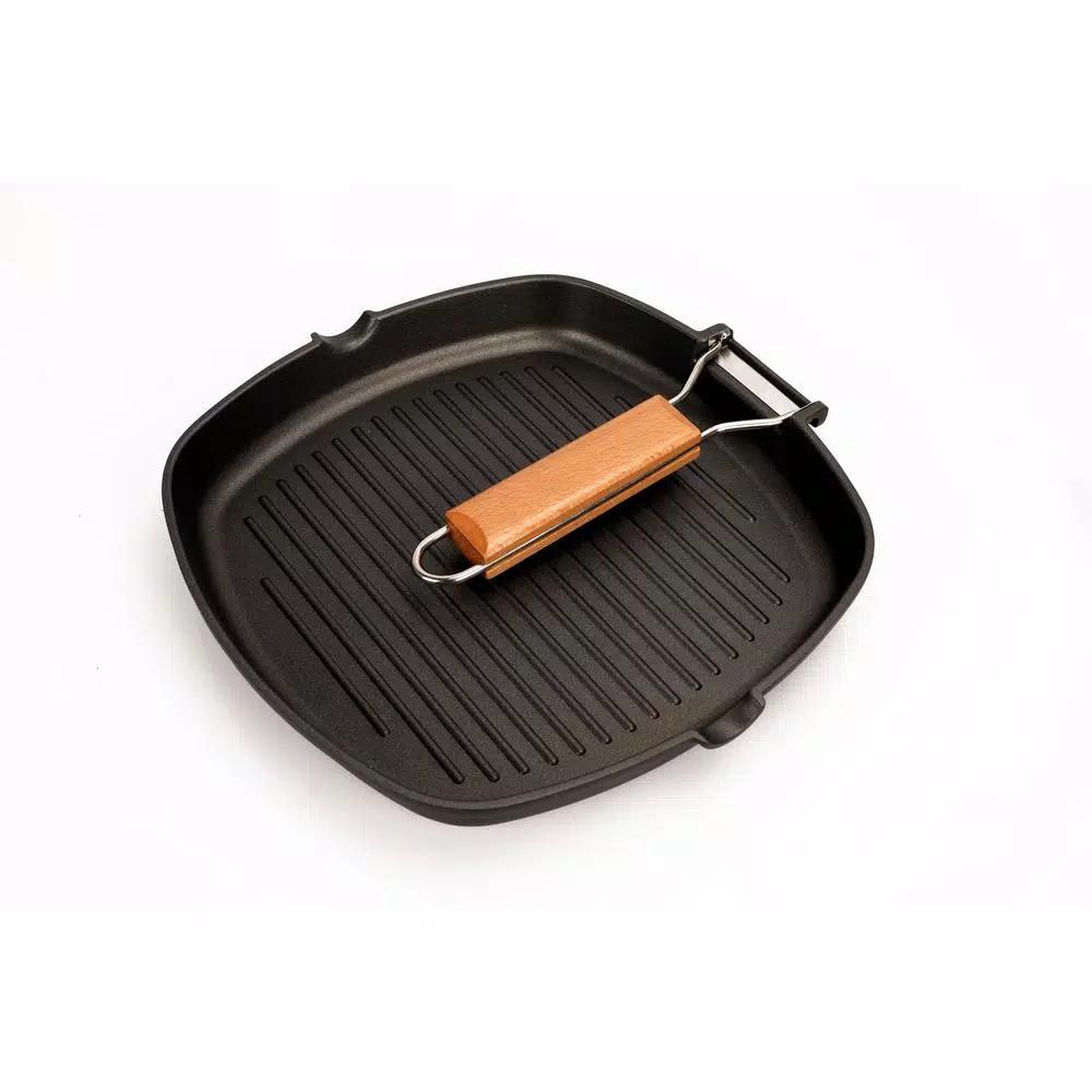MasterPan 10 in. Cast Aluminum Nonstick Grill Pan with Pour Spout and Folding Wooden Handle, Black