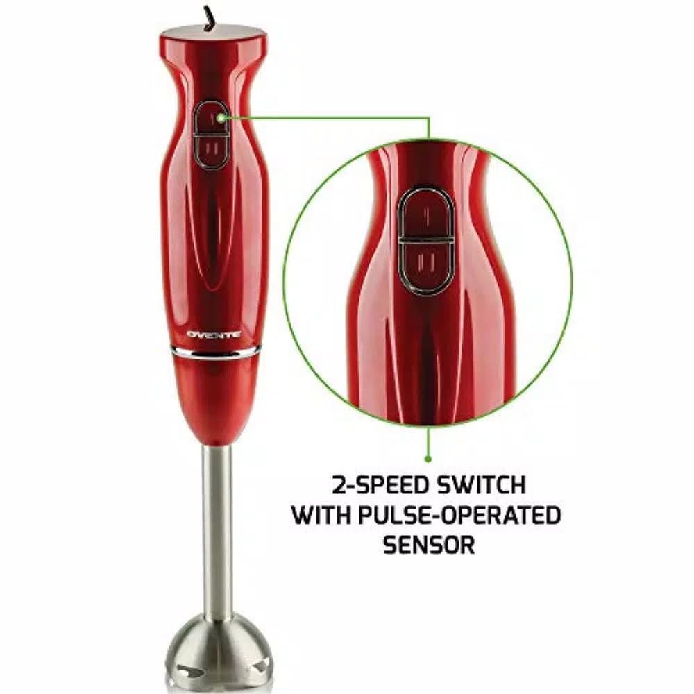 Ovente 300W Immersion Blender, 2-Speed Handheld Stick Mixer with Stainless Steel Blades, Red (HS560R)