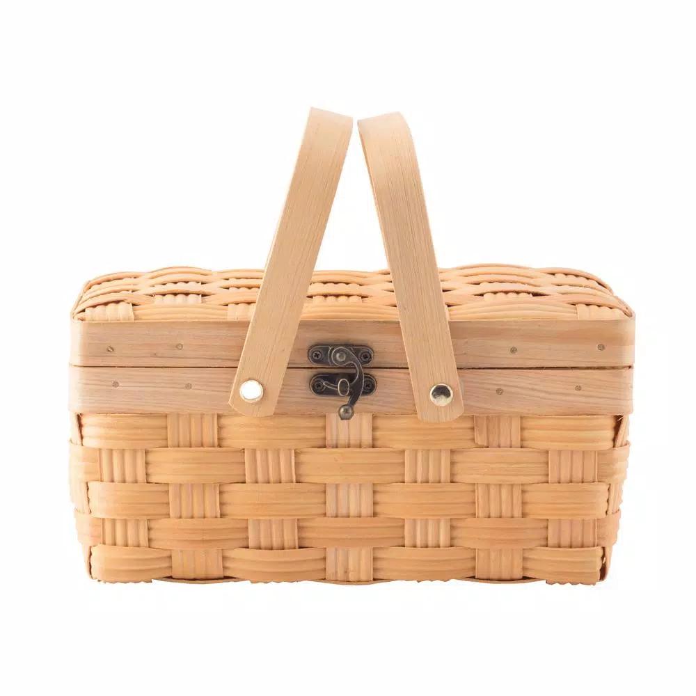 Vintiquewise Small Handwoven Woodchip Picnic Basket with Lid and Folding Handles, Brown