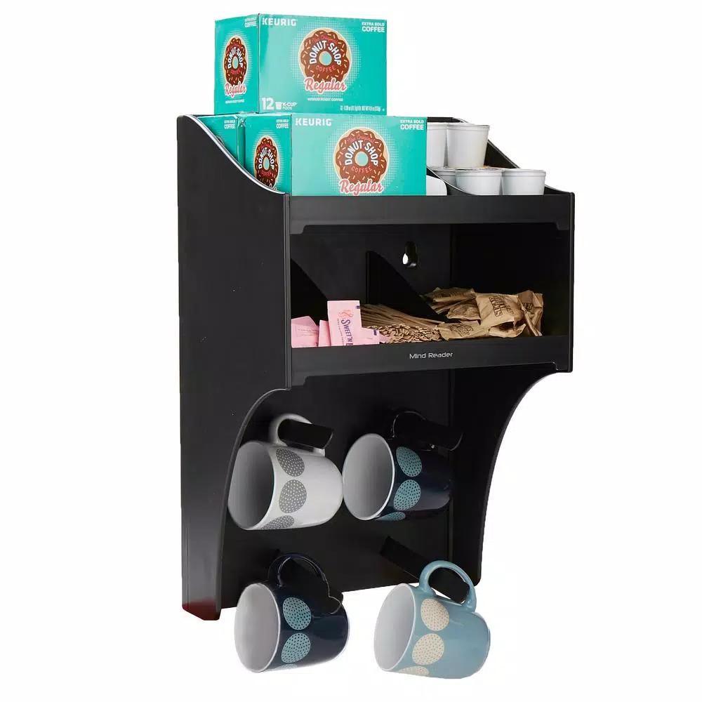 Mind Reader Wall Mount Coffee Station Organizer with 4 Mug Hooks and Heat-Resistant Pod Storage